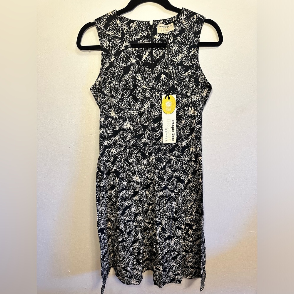 NEW People Tree 100% Organic Cotton V-Neck Dress Cream and Black Size 10